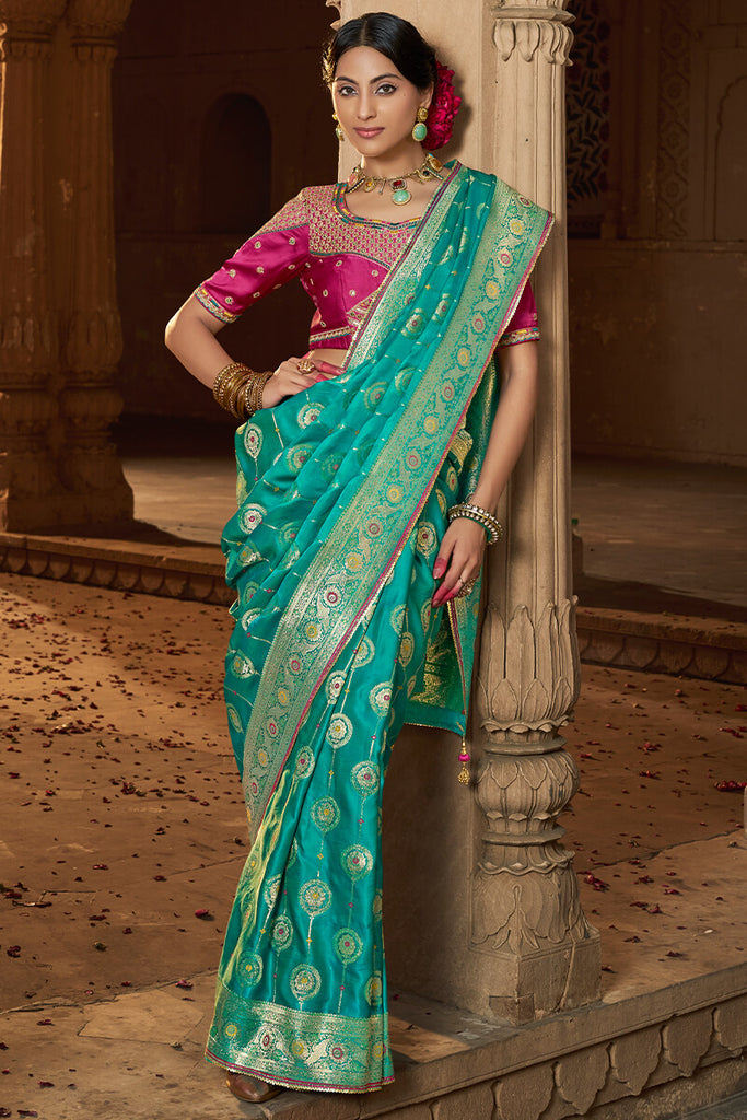 Bluish Green Banarasi Satin Silk Saree with Embroidery Blouse