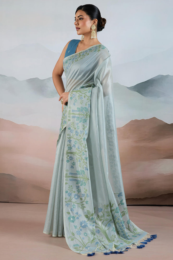 Bluish Grey Pure Tissue Silk Saree