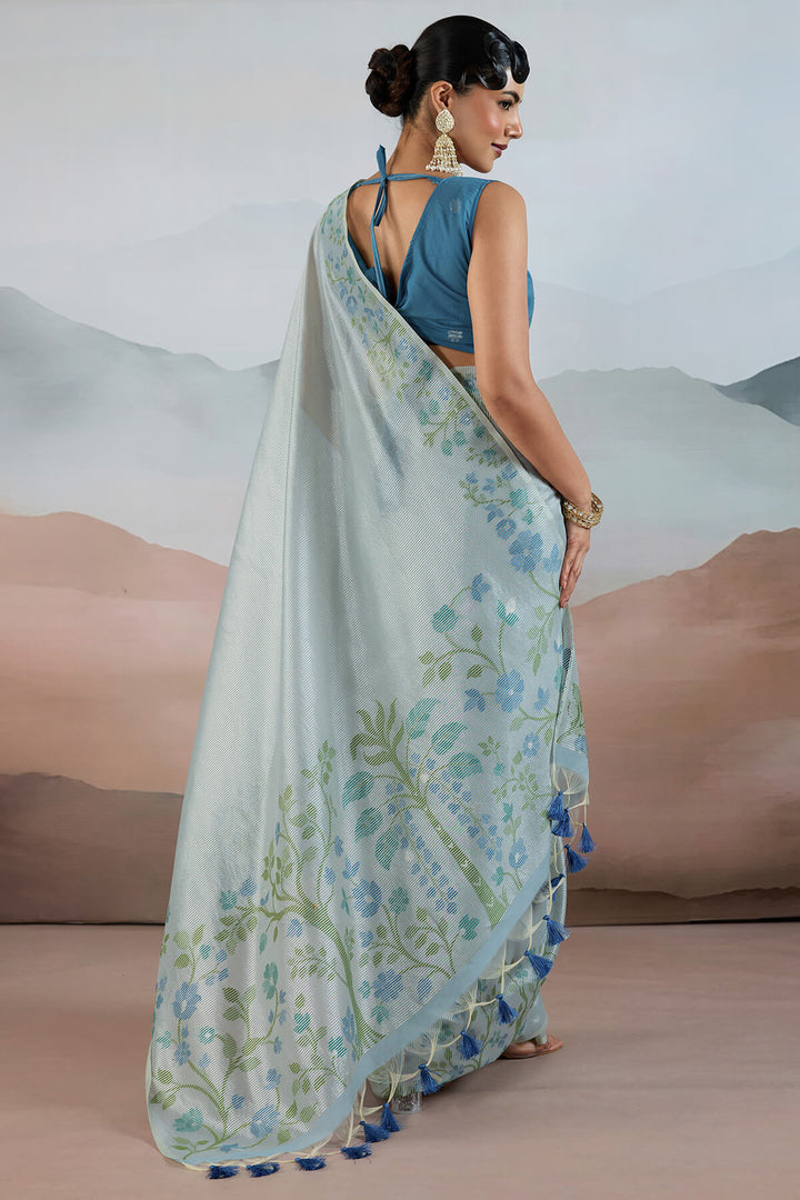 Bluish Grey Pure Tissue Silk Saree