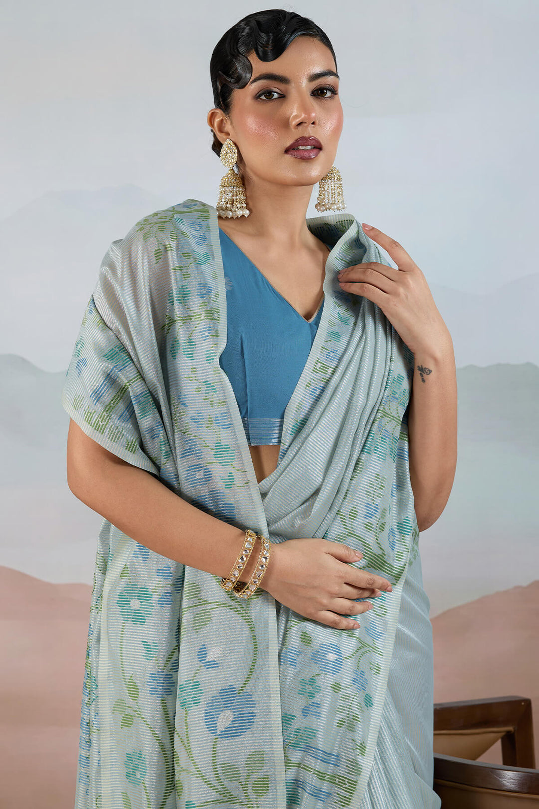 Bluish Grey Pure Tissue Silk Saree