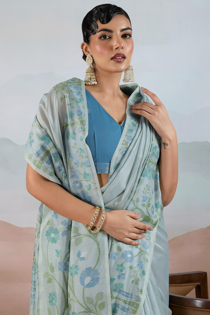 Bluish Grey Pure Tissue Silk Saree