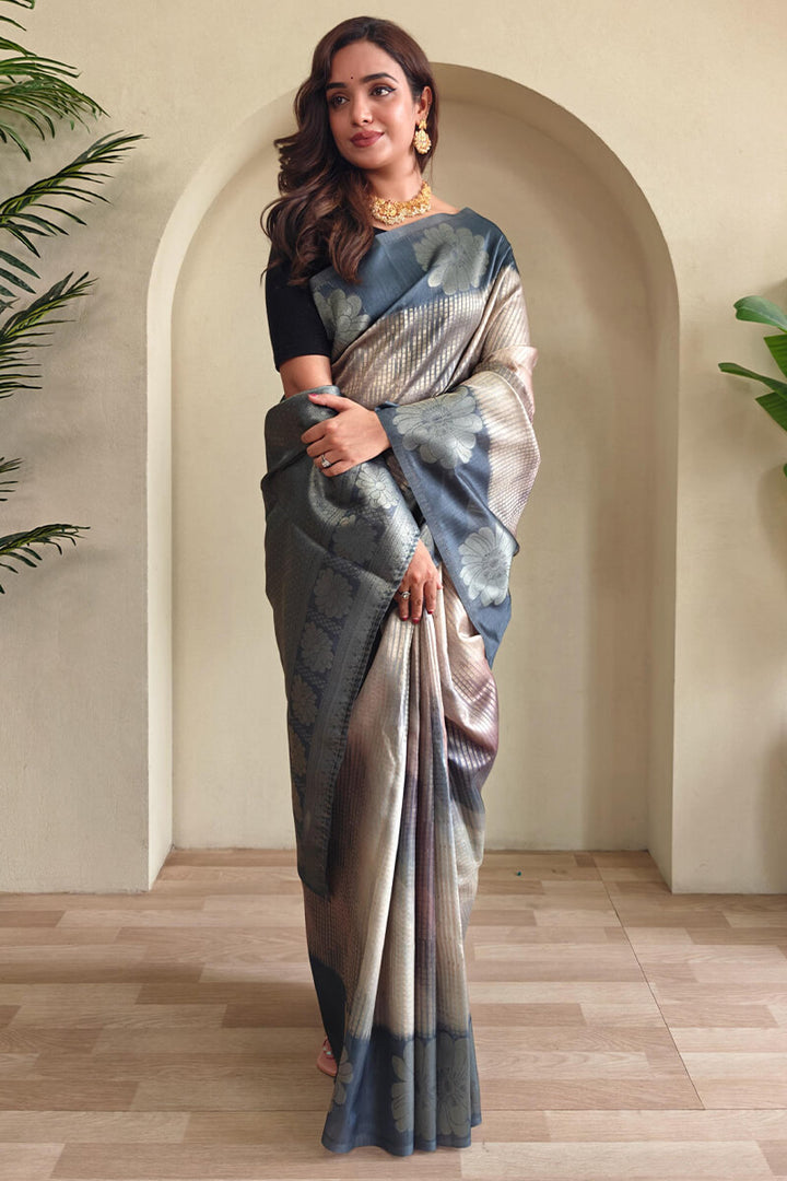 Bluish Grey Silver Zari Woven Printed Silk Saree