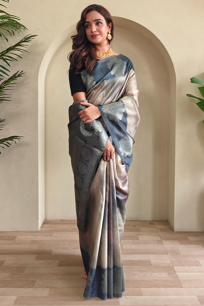 Bluish Grey Silver Zari Woven Printed Silk Saree