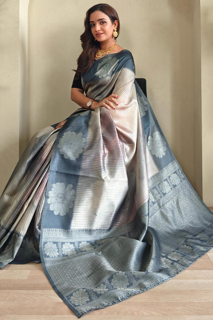 Bluish Grey Silver Zari Woven Printed Silk Saree