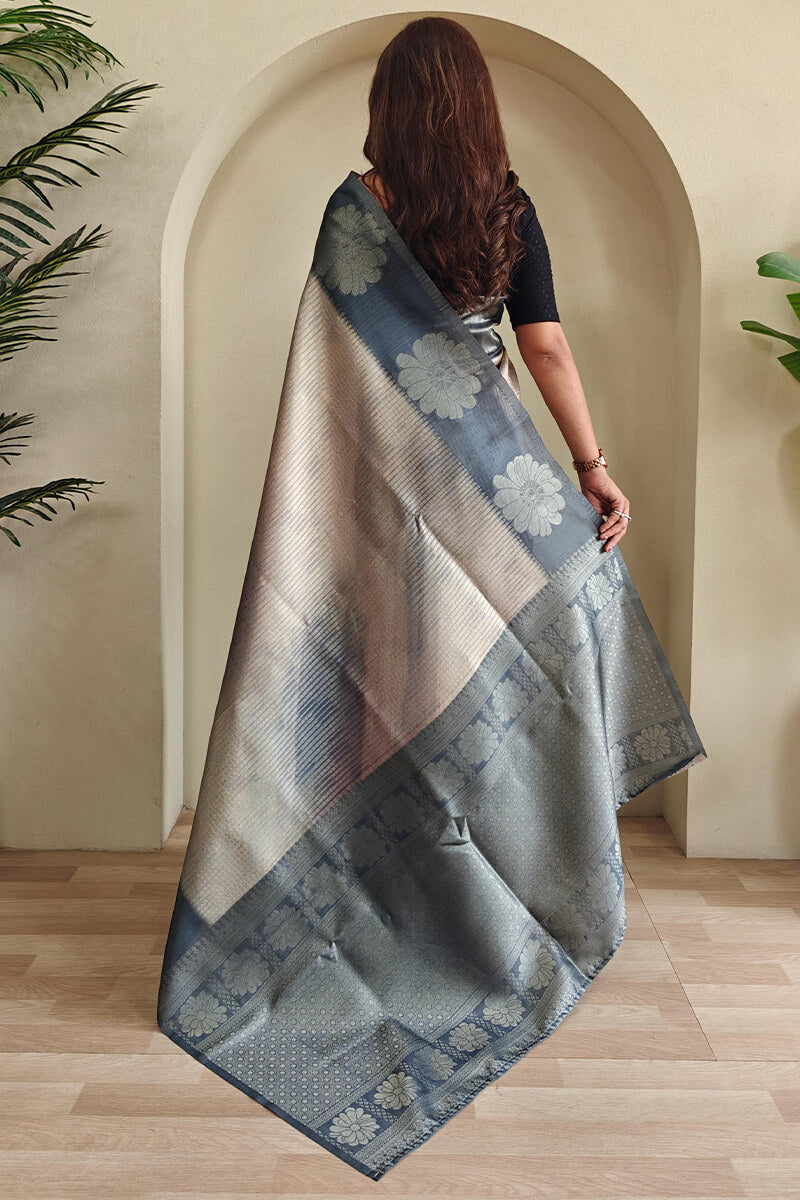 Bluish Grey Silver Zari Woven Printed Silk Saree