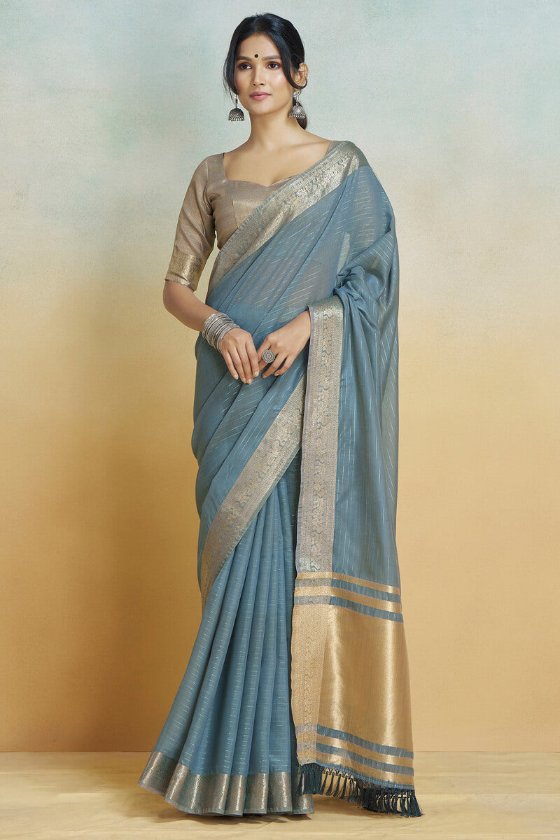 Bluish Grey Zari Woven Khadi Silk Saree