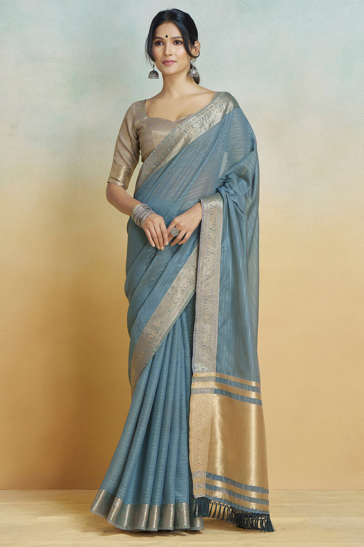 Bluish Grey Zari Woven Khadi Silk Saree