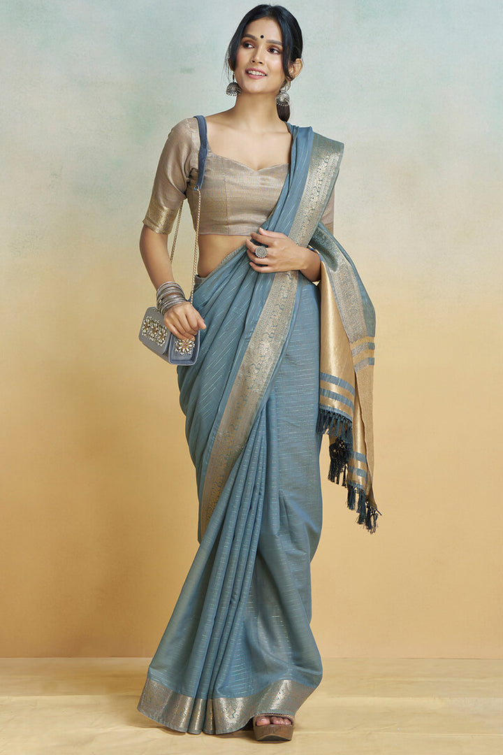 Bluish Grey Zari Woven Khadi Silk Saree