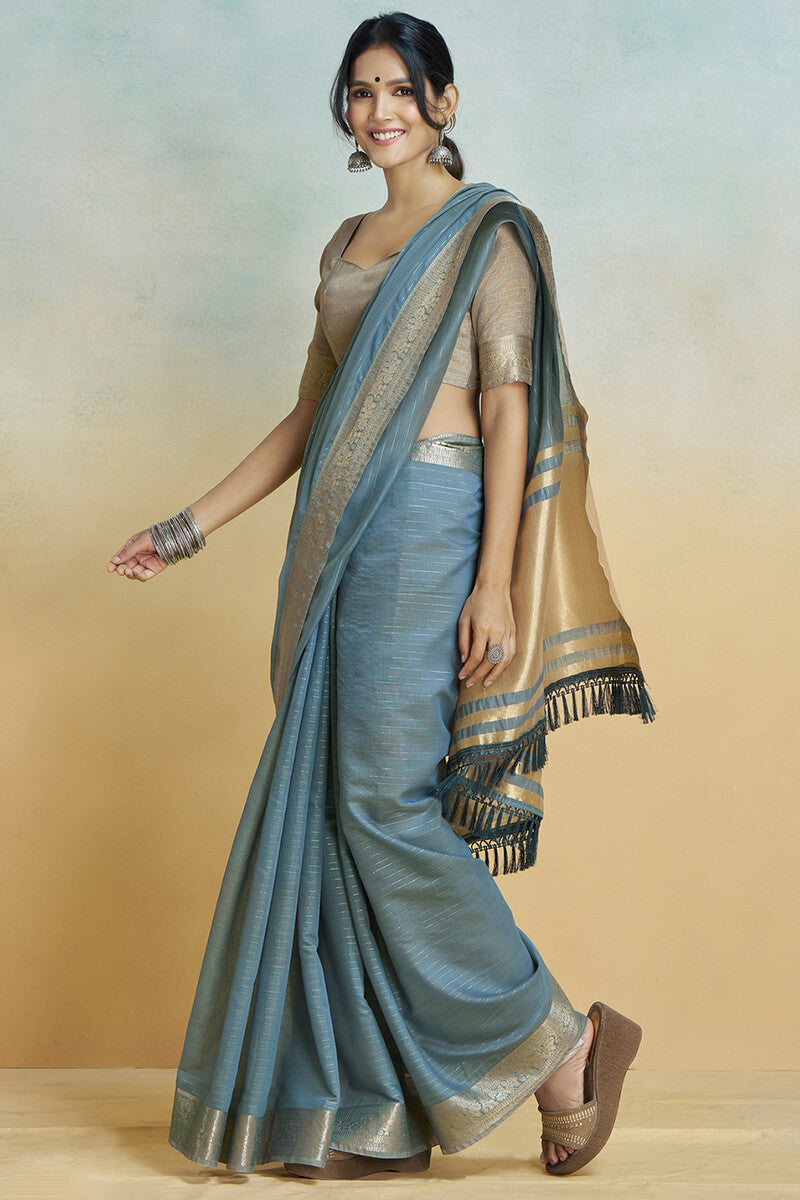 Bluish Grey Zari Woven Khadi Silk Saree