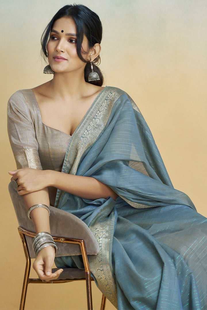 Bluish Grey Zari Woven Khadi Silk Saree