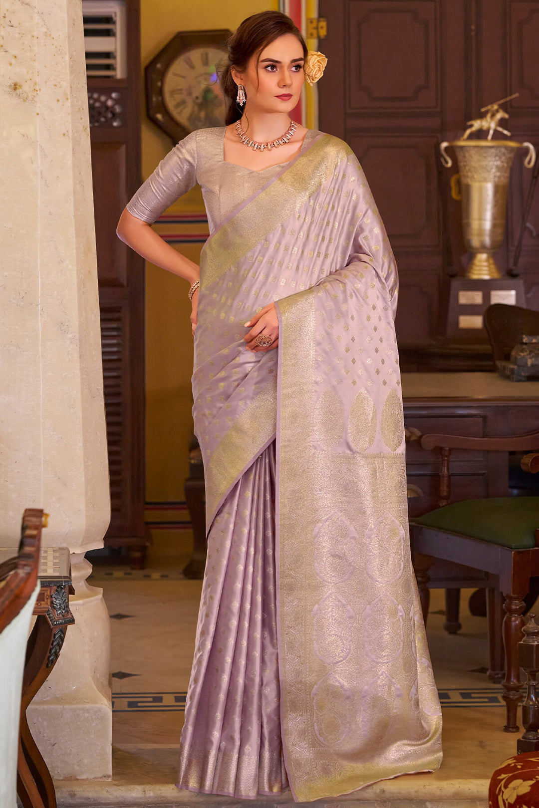 Blush Lavender Banarasi Satin Silk Saree