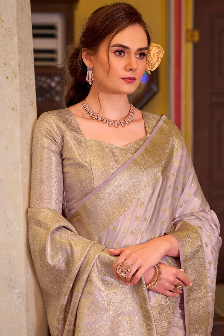 Blush Lavender Banarasi Satin Silk Saree