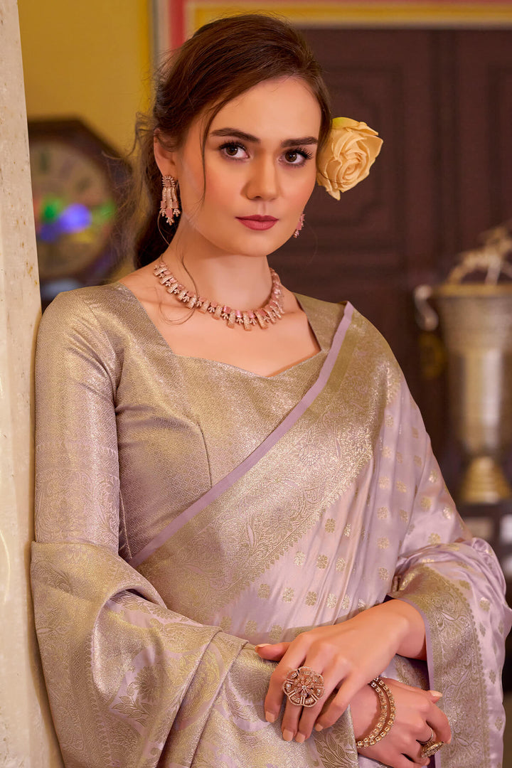 Blush Lavender Banarasi Satin Silk Saree