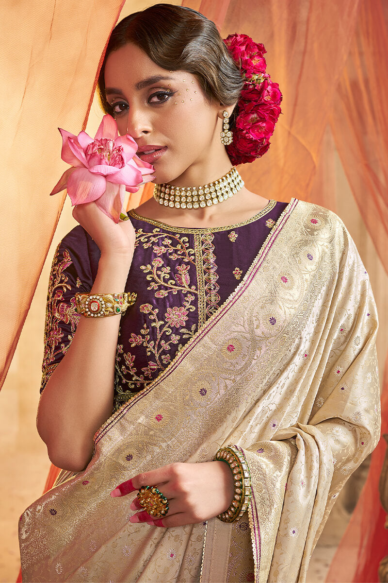 Bone Beige Banarasi Satin Silk Saree with Embroidery Blouse