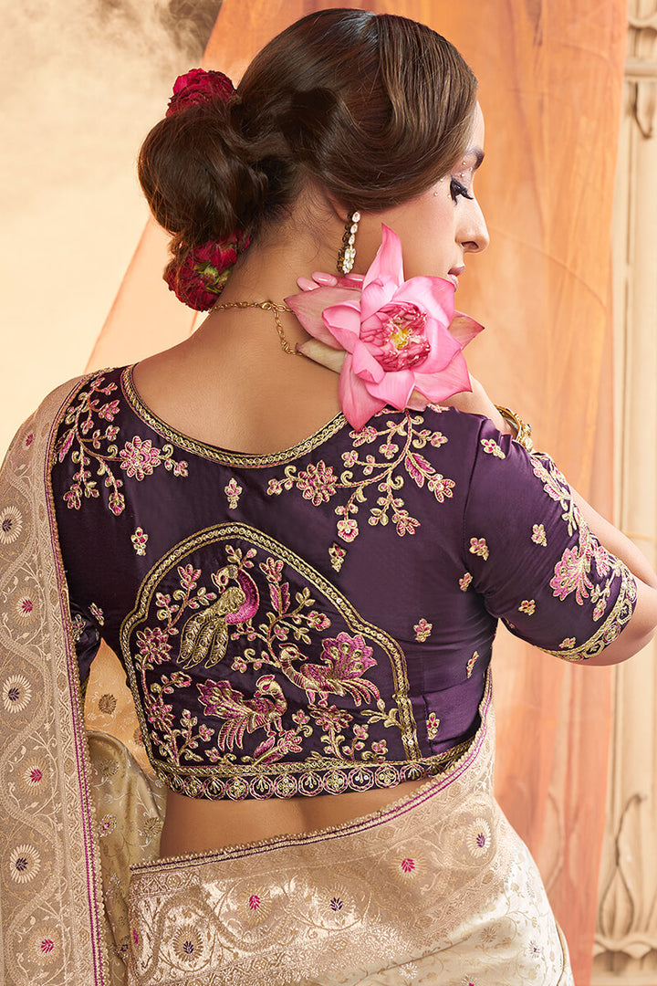 Bone Beige Banarasi Satin Silk Saree with Embroidery Blouse