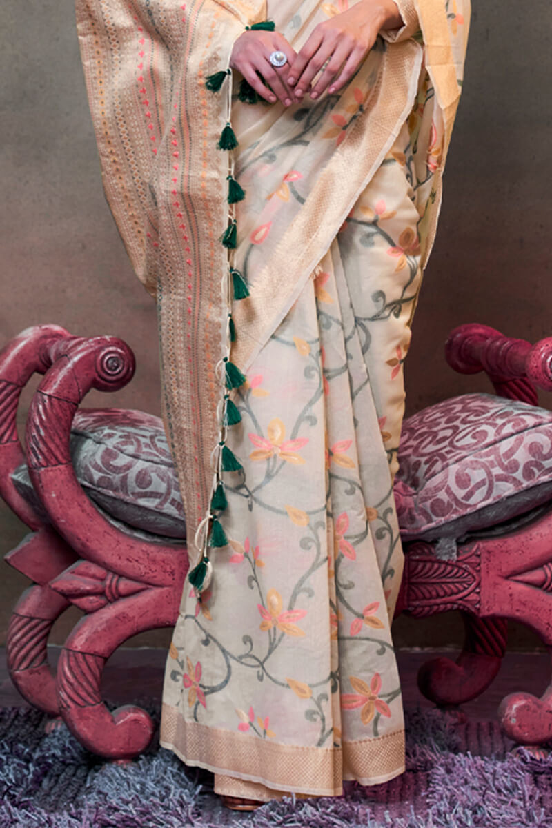 Bone Beige Jamdani Handwoven Cotton Saree
