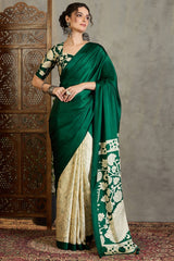 Bottle Green Printed Satin Silk Saree