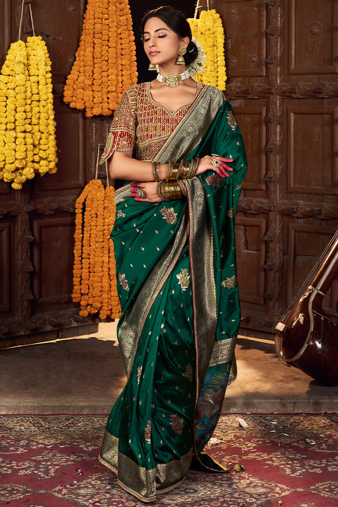 Bottle Green Pure Silk Saree With Embroidery Blouse