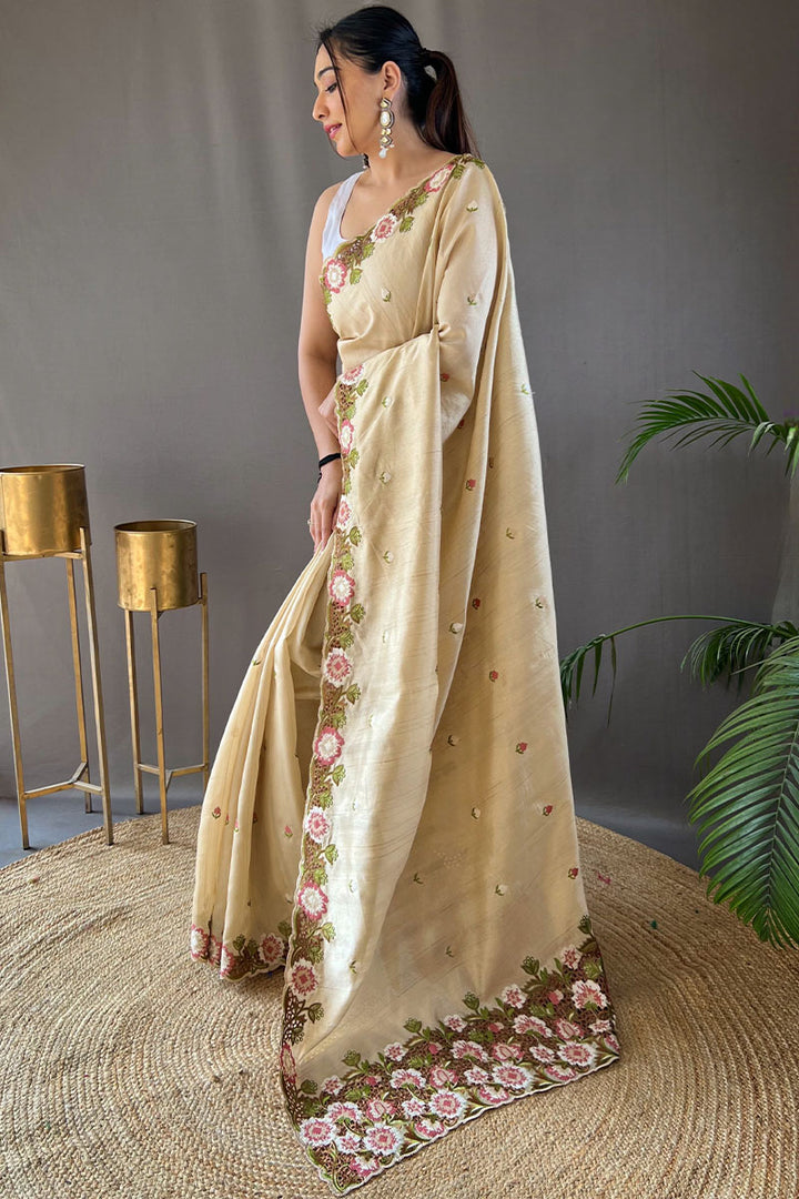 Brandy Beige Embroidered Work Tussar Silk Saree