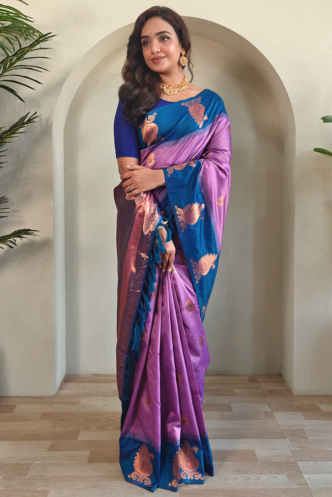 Bright Lavender Soft Banarasi Silk Saree With Chaap Border