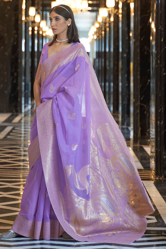 Bright Lavender Zari Woven Linen Silk Saree