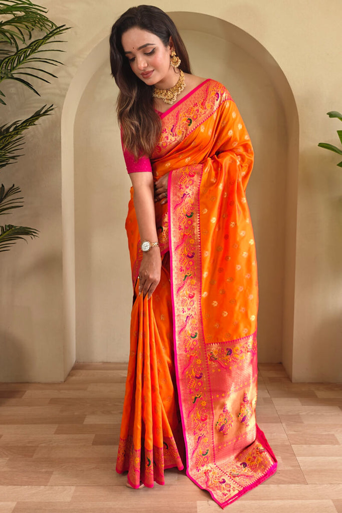 Bright Orange Zari Woven Paithani Silk Saree