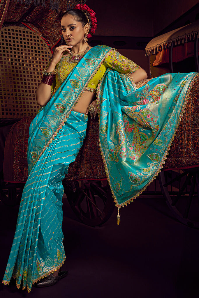 Bright Turquoise Pure Viscose Dola Silk Saree With Embroidery Blouse