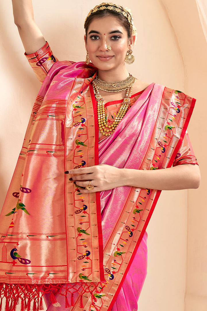 Brink Pink Paithani Tissue Silk Saree