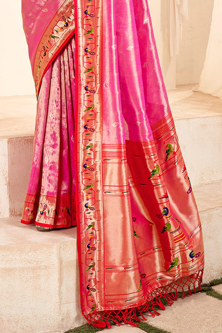 Brink Pink Paithani Tissue Silk Saree