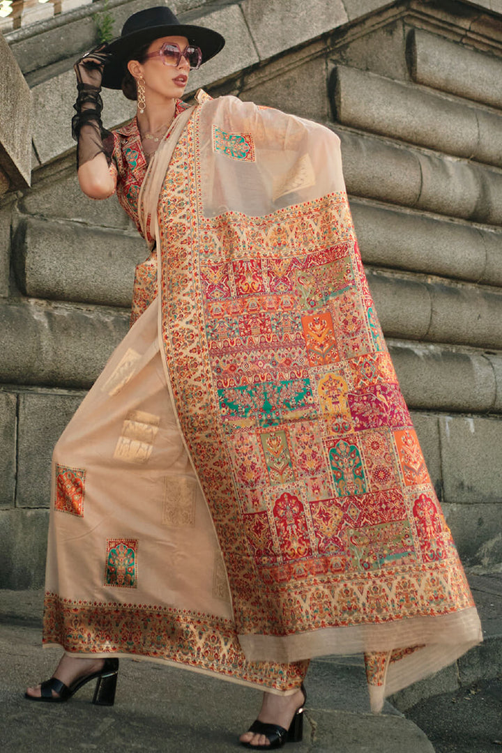 Bronco Beige Kashmiri Weaving Pashmina Silk Saree