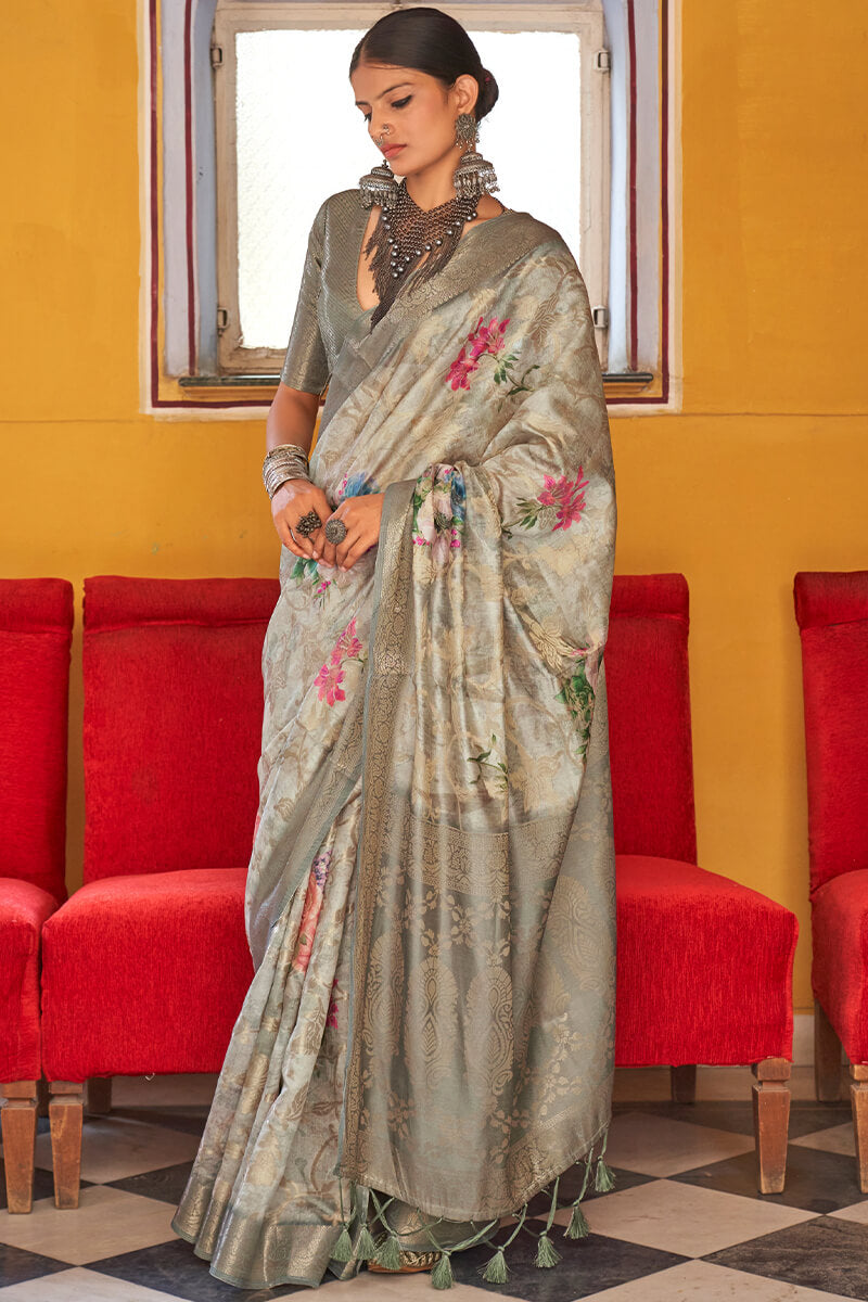 Bronco Beige Zari Woven Digital Printed Soft Cotton Silk Saree