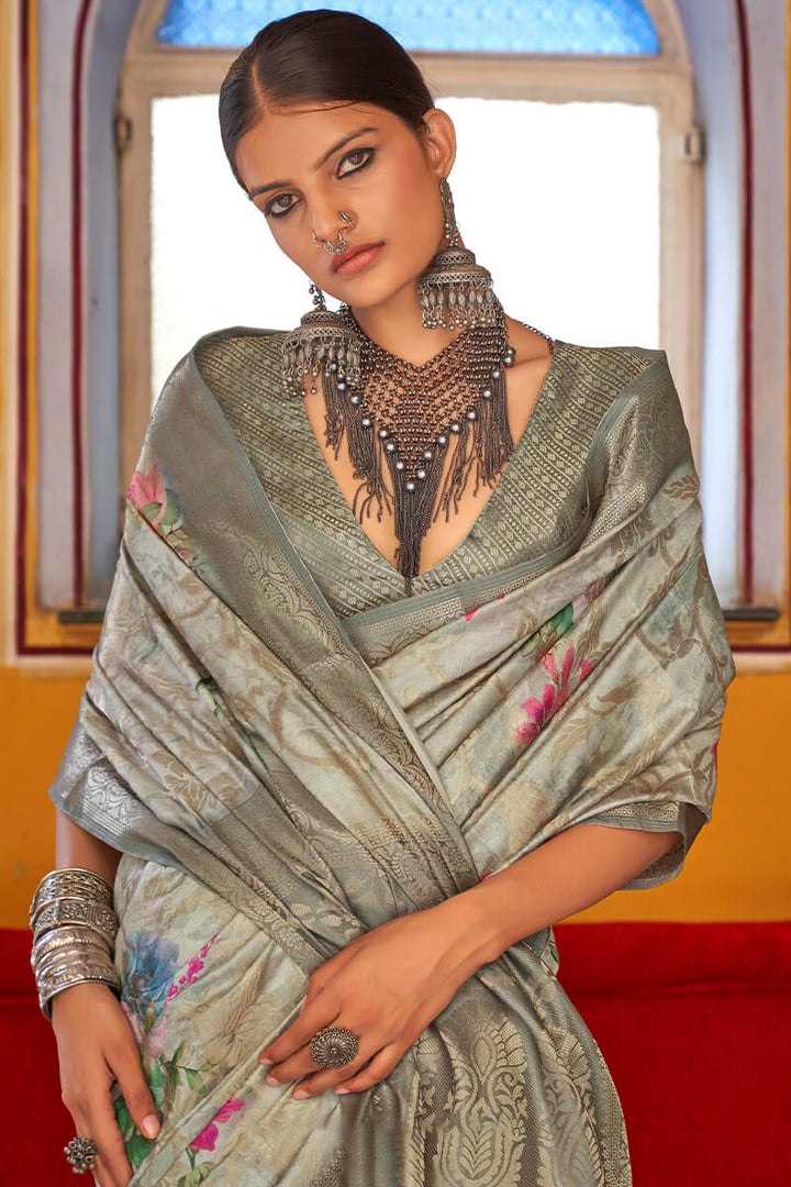 Bronco Beige Zari Woven Digital Printed Soft Cotton Silk Saree