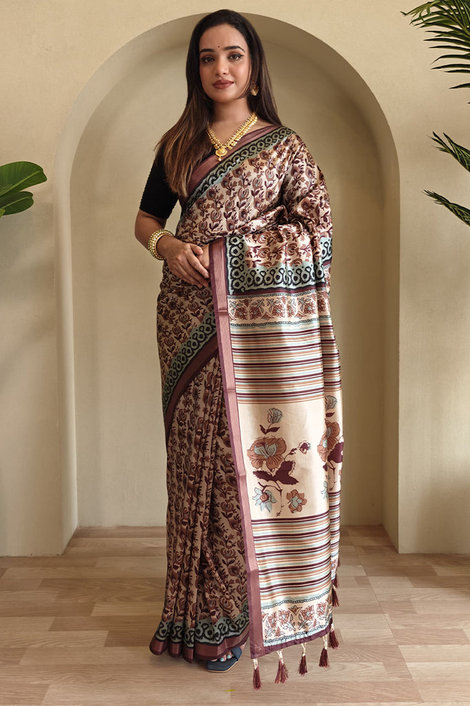 Bronze Brown Printed Viscos Dola Silk Saree