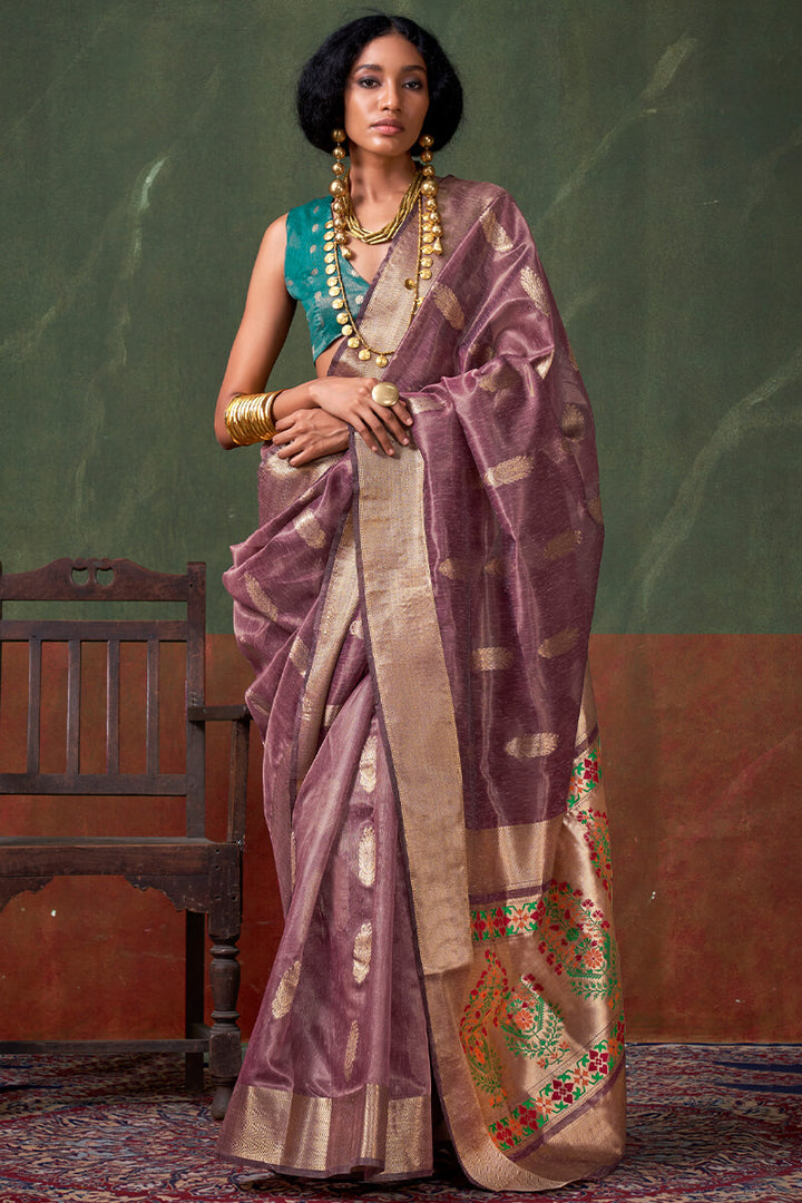 Brownish Purple Paithani Tissue Silk Saree