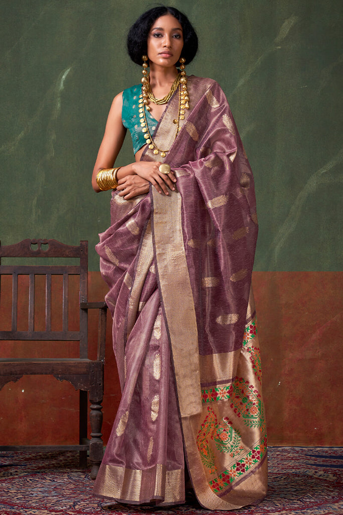Brownish Purple Paithani Tissue Silk Saree