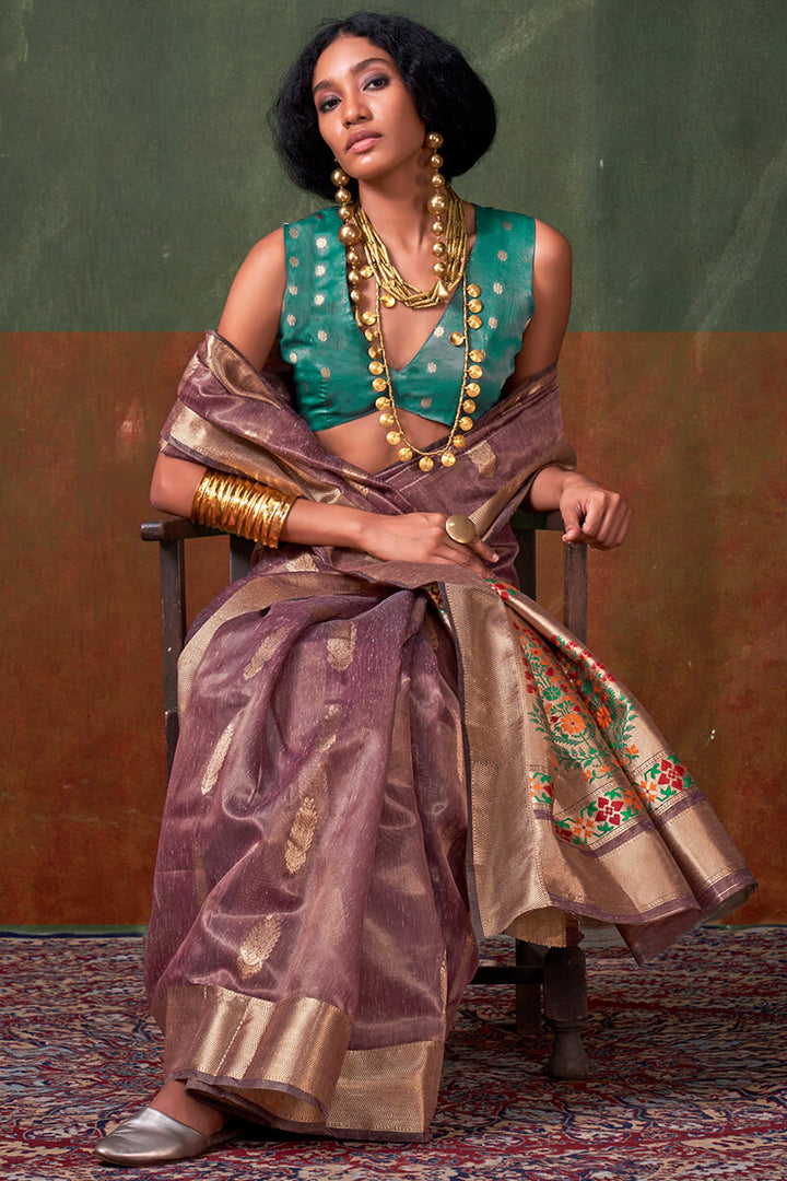 Brownish Purple Paithani Tissue Silk Saree