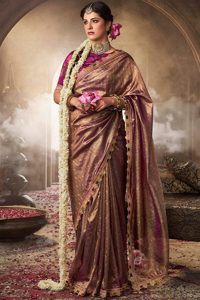 Brownish Purple Pure Tissue Silk Saree with Multicolor Lace Border