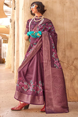Brownish Purple Zari Woven Printed Georgette saree