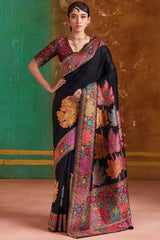 Bunker Black Kashmiri Modal Pashmina Silk Saree