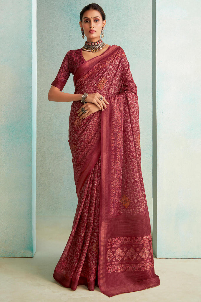 Burgundy Maroon Handloom Woven Digital Printed Soft Silk Saree