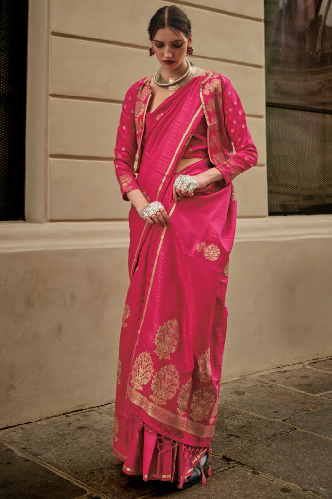 Burnt Pink Zari Line Banarasi Satin Silk Saree