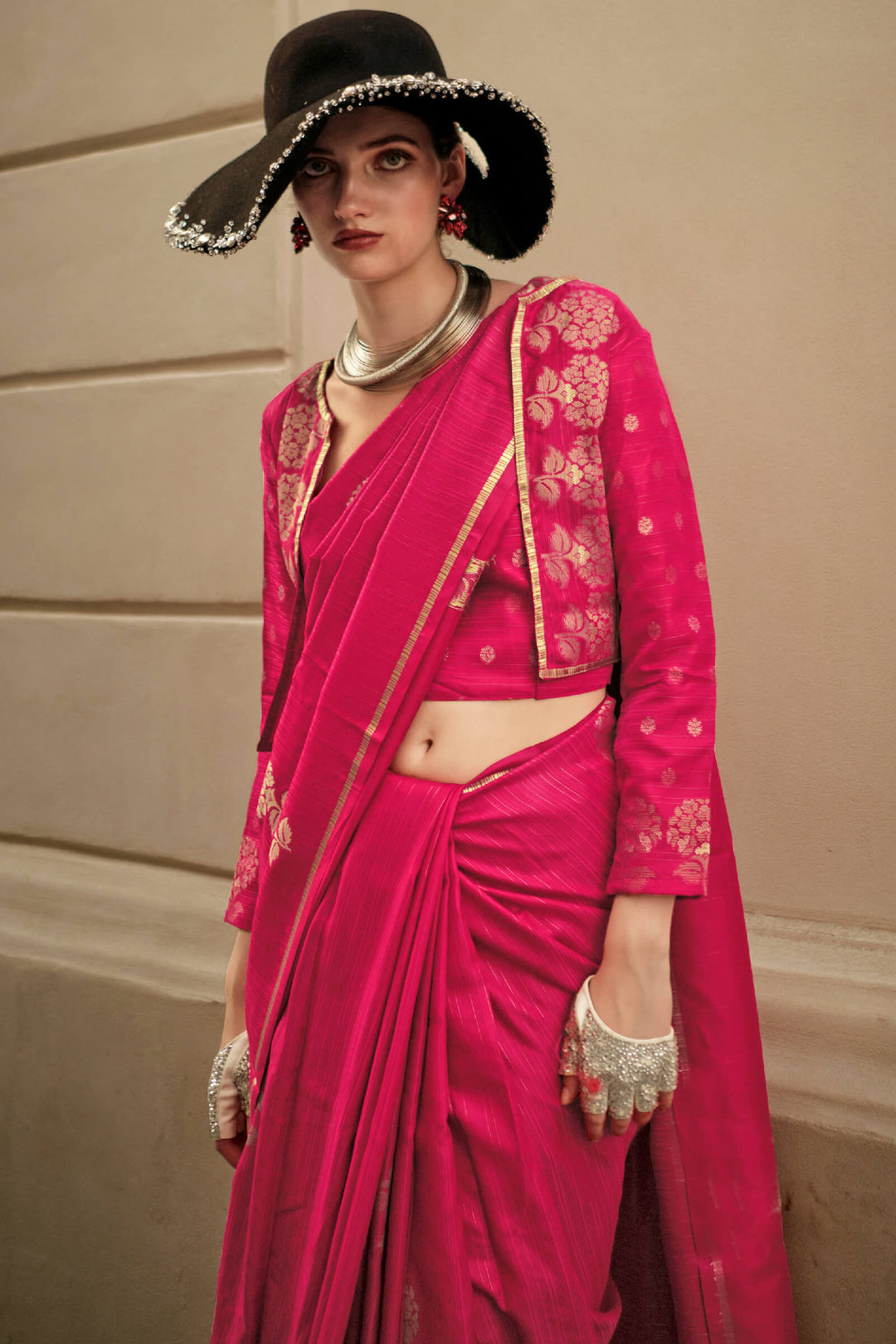 Burnt Pink Zari Line Banarasi Satin Silk Saree