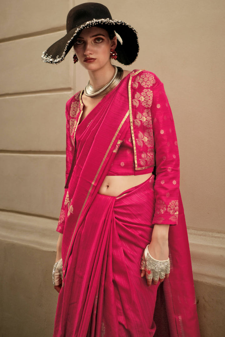 Burnt Pink Zari Line Banarasi Satin Silk Saree