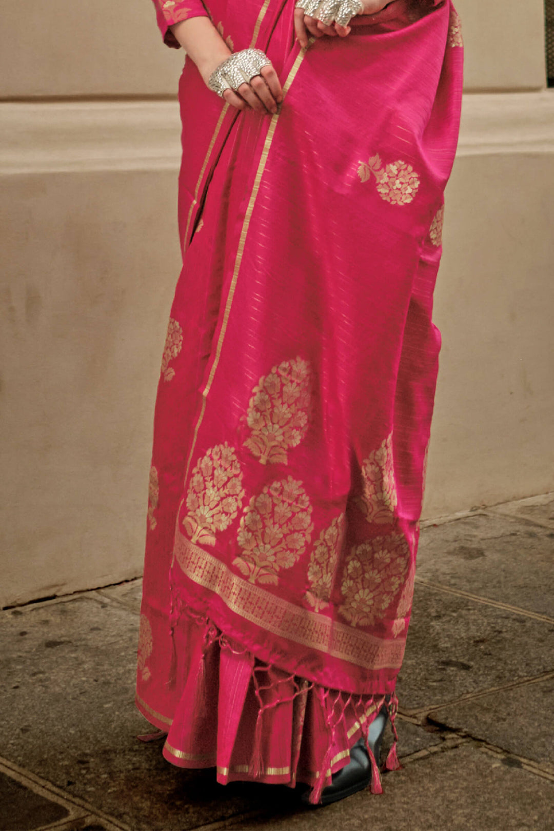 Burnt Pink Zari Line Banarasi Satin Silk Saree