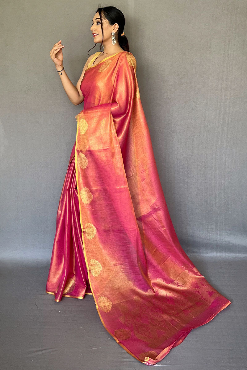 Burnt Pink Zari Woven Tissue silk Saree