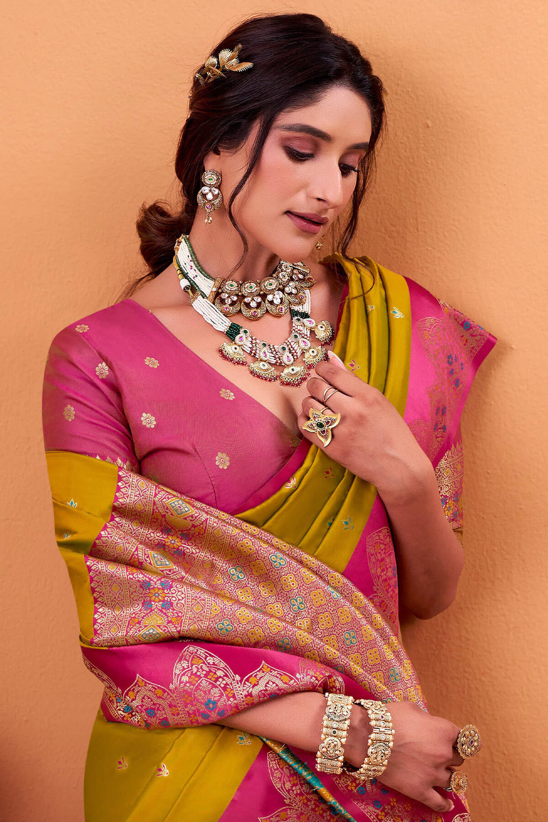 Burnt Yellow Zari Woven Satin Silk Saree