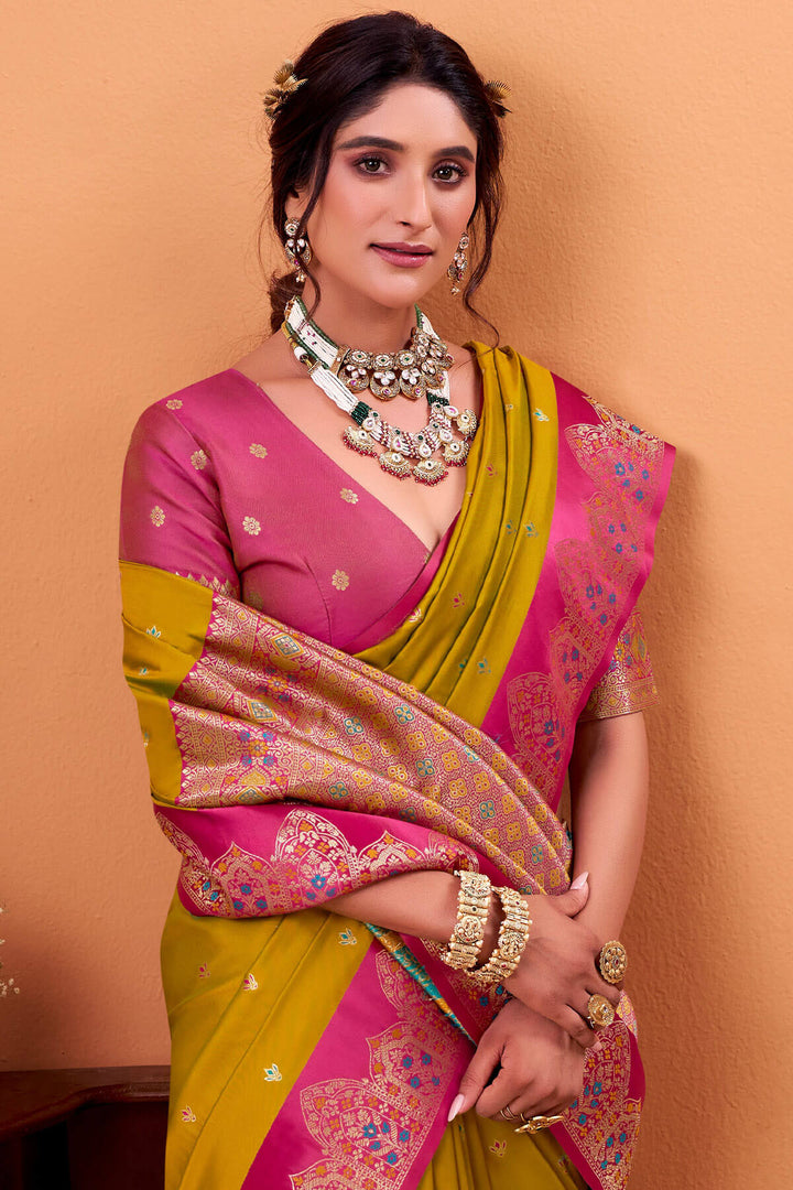 Burnt Yellow Zari Woven Satin Silk Saree