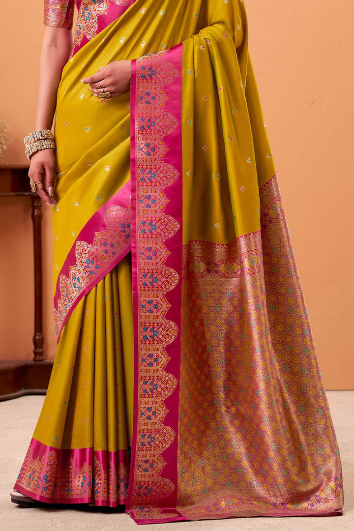 Burnt Yellow Zari Woven Satin Silk Saree