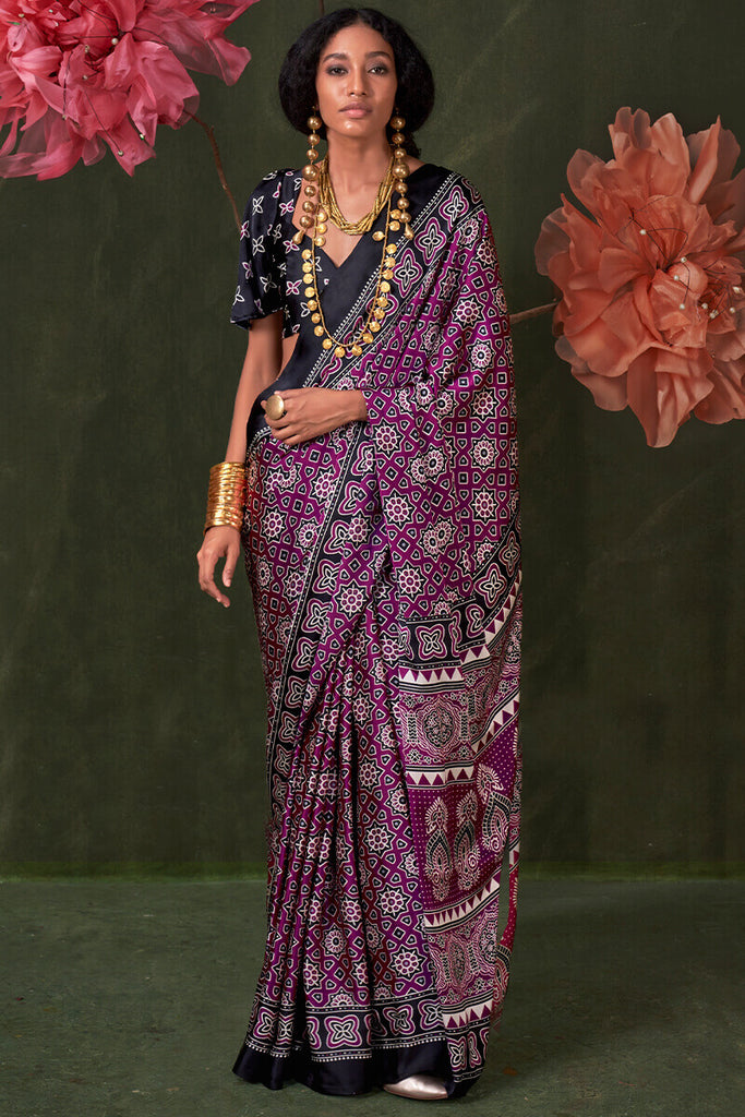 Byzantium Purple Ajrakh Printed Satin Silk Saree