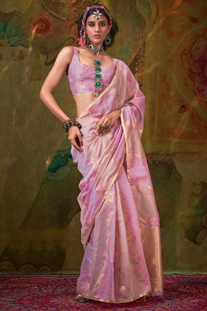 Cadillac Pink Pure Spun Cotton Rangkat Silk Saree